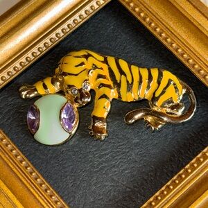 Yellow Enamwl Gold Striped Tiger Brooch with Green Ball VTG
